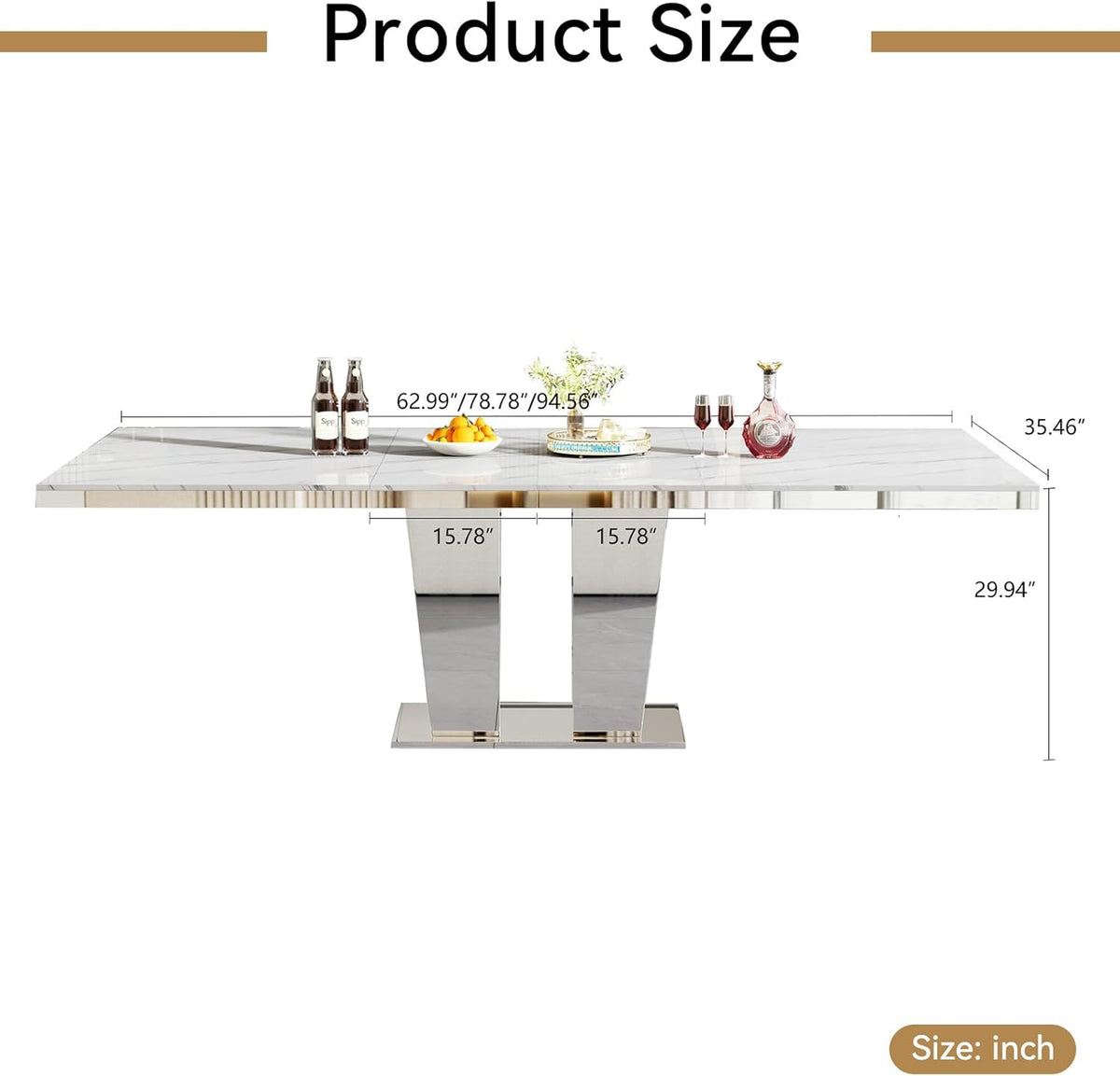 63"-94" Modern Extendable Dining Room Table for 6 8 10, Large White Faux Marble Expandable Kitchen Table with Mirrored Columnar Pedestal Base for Home Kitchen Dining Room Family Gathering