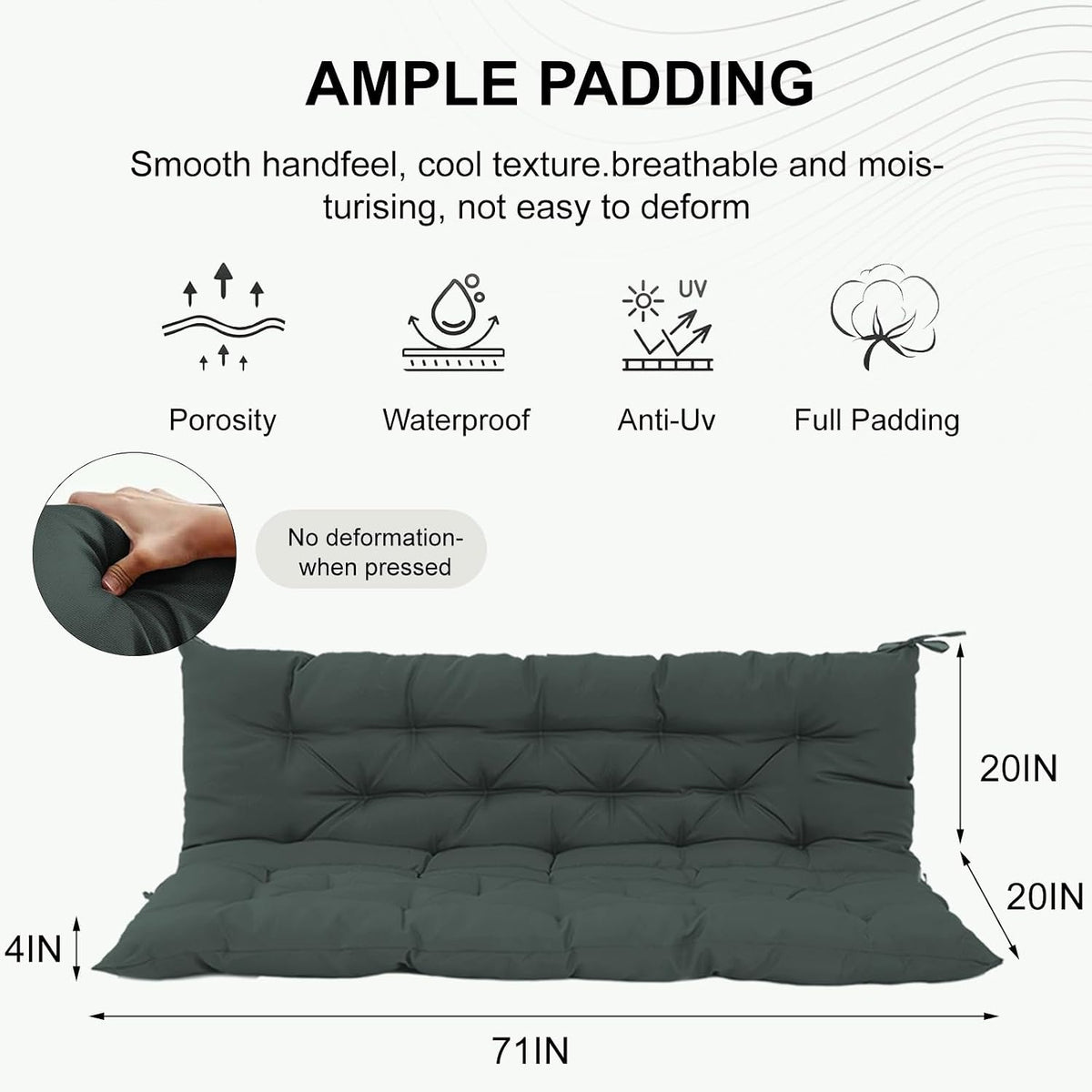 Outdoor Swing Cushion Replacement 71x40 in, Waterproof Porch Swing Cushions 3 Seater, 4 in Thick Bench Pad for Patio Garden Furniture