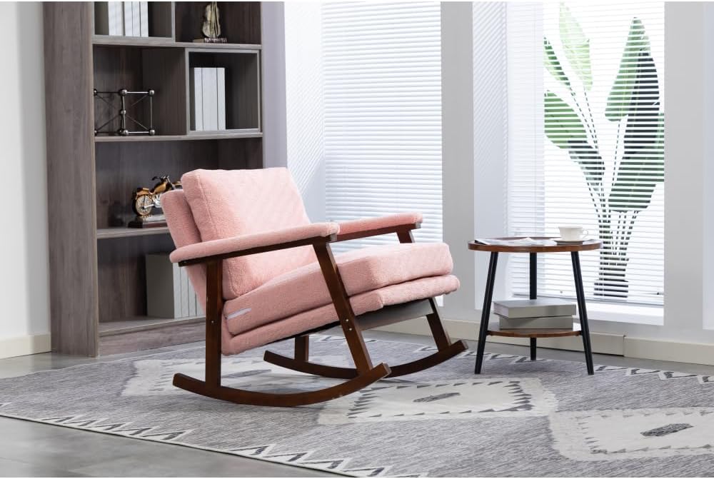 Mid Century Modern Accent Chair,Rocking Chair with Wood Frame, Upholstered Living Room Chairs, Reading Armchair for Bedroom Sunroom (Light Pink + Velvet + Cotton)