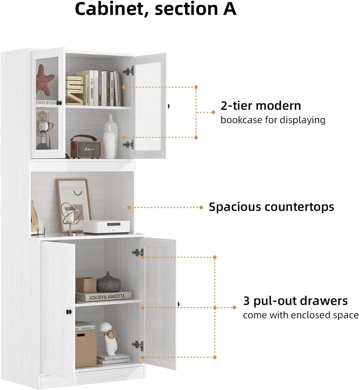 TUSY 71'' Tall Pantry Cabinet, Kitchen Hutch Storage Cabinet, Buffet Hutch Set of 3, China Cabinet with Glass Doors, 5-Tier Storage Cabinets for Dining Room, Living Room (White)