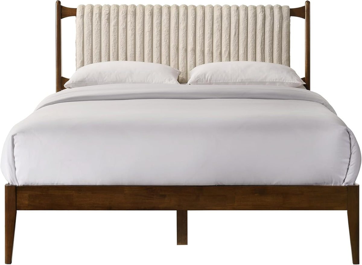 Ella Wooden Platform Bed | Box Spring Not Required | Walnut and Beige, Queen