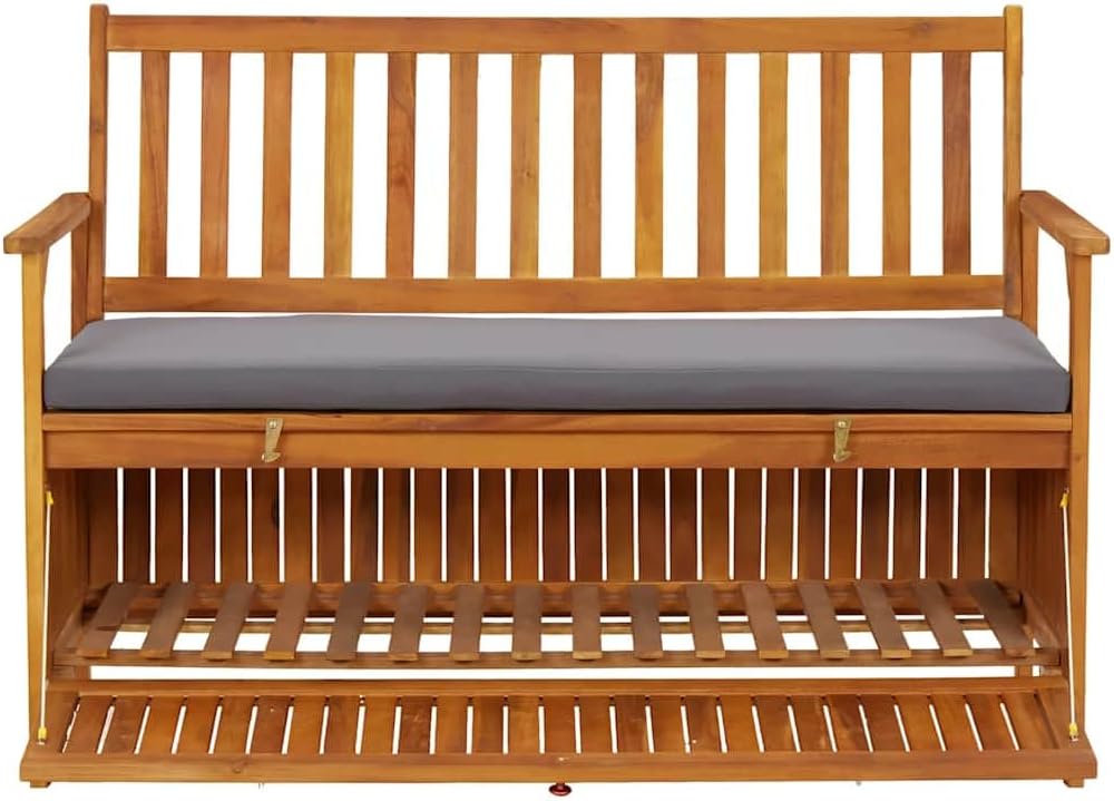 Patio Storage Bench with Cushion, 47.2 Inch Solid Acacia Wood Outdoor Garden Seating with Hidden Compartment, Gray