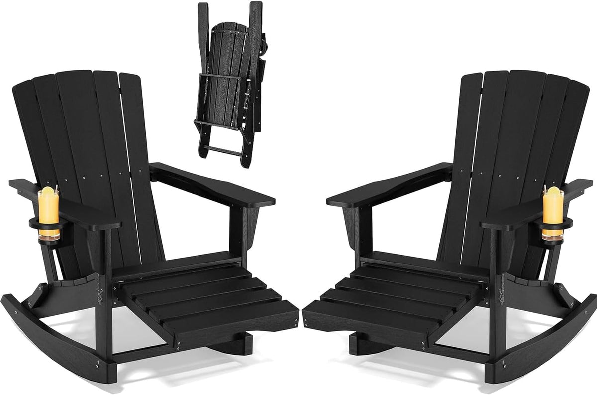 Adirondack Rocking Chair with Retractable Ottoman Set of 2,Outdoor Folding Adirondack Chair with Cup Holder,HDPE All-Weather Patio Lounge Chair for Porch,Lawn, Poolside, Black