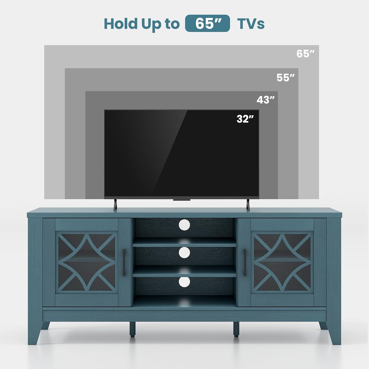 Tangkula Farmhouse TV Stand for TVs Up to 65-in, Classic Media Entertainment Center w/Glass Door Cabinets & 4 Adjustable Shelves, Modern TV Console Table w/ 3 Cable Holes for Living Room (Teal Blue)