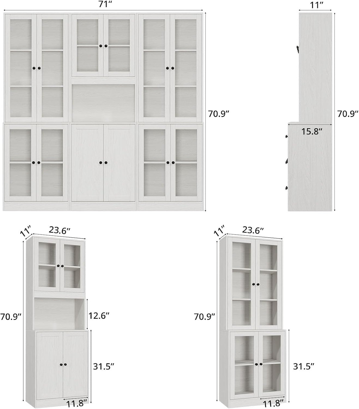 TUSY 71'' Tall Pantry Cabinet, Kitchen Hutch Storage Cabinet, Buffet Hutch Set of 3, China Cabinet with Glass Doors, 5-Tier Storage Cabinets for Dining Room, Living Room (White)