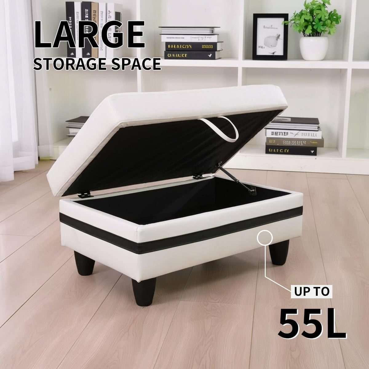 Leather Storage Ottoman Bench,33.5" Large Square Ottoman with Storage, Foot Rest Footstool Bench Coffee Table with Thick Cushion for Home Decor/Entryway/Living Room/Bedroom/Rv Car,White&Black