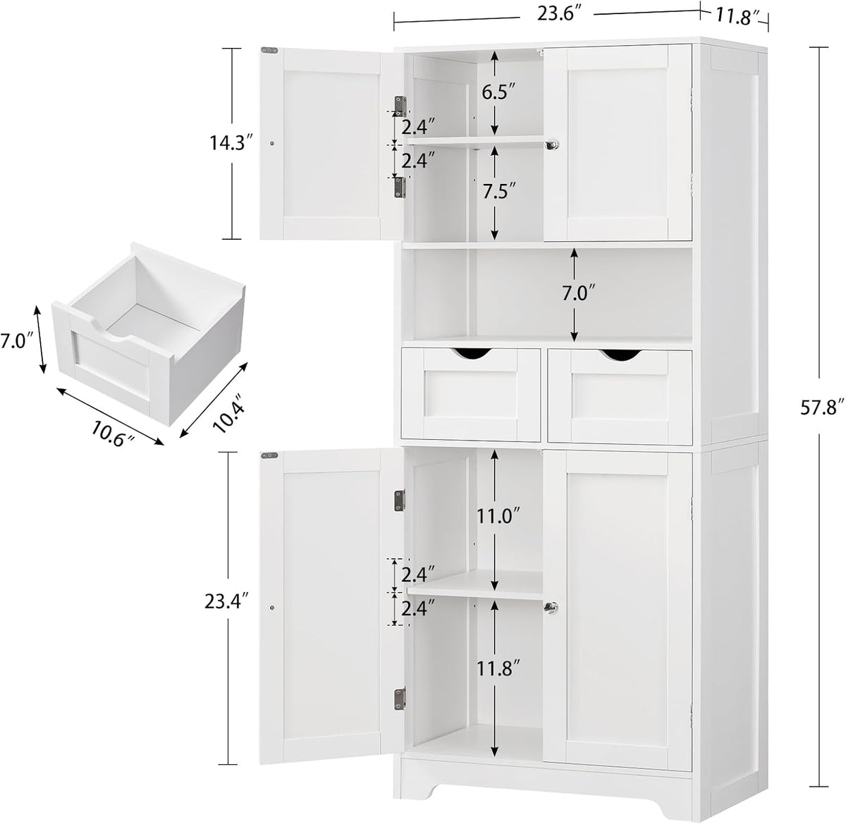 TEENFON 57.8" H Tall Bathroom Storage Cabinet with 4 Doors & 2 Adjustable Shelves, Freestanding Bathroom Cabinet with 2 Drawers, Kitchen Cabinets & Pantry, Cupboard for Kitchen, Dining Room, White
