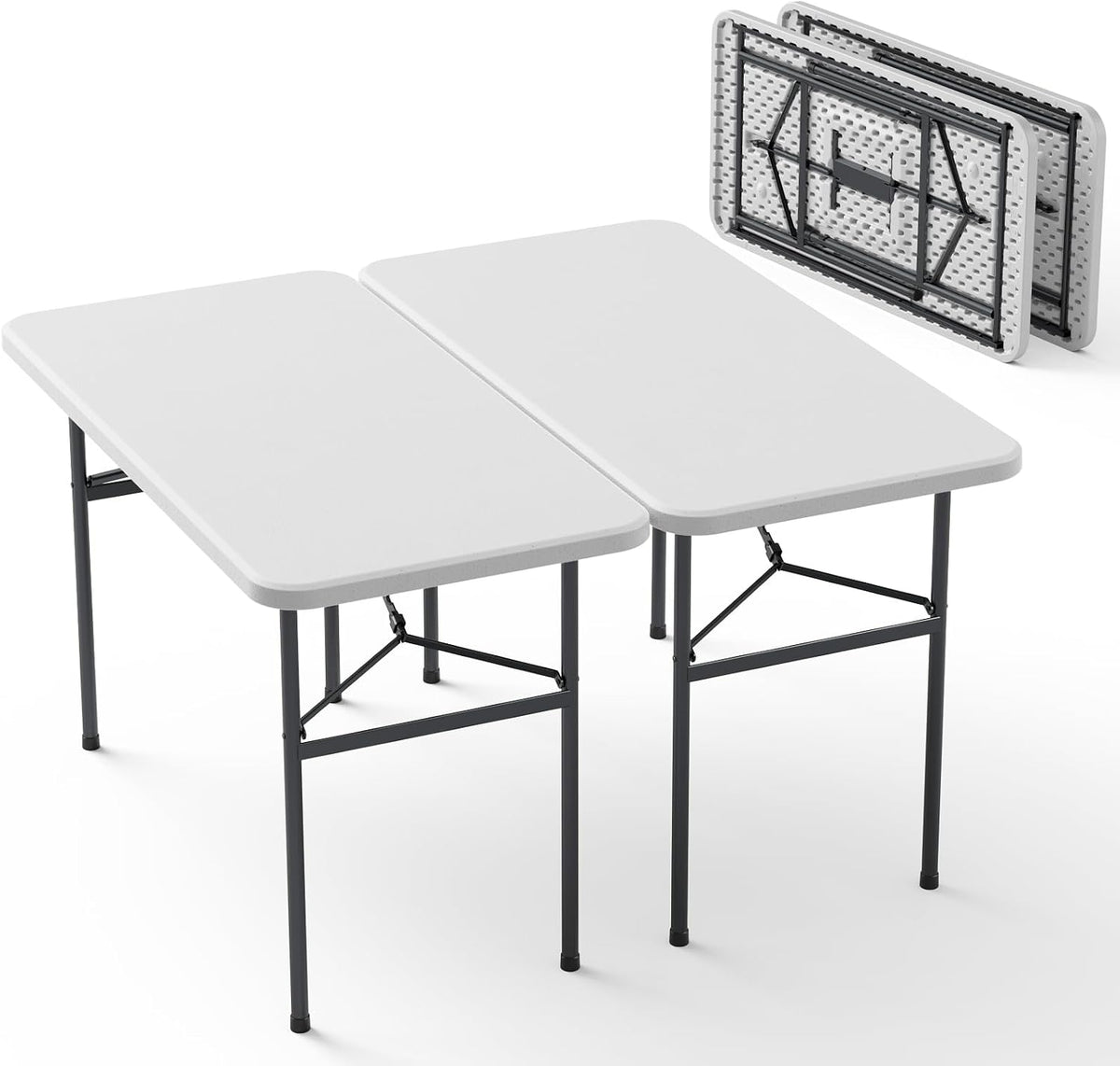 4ft Folding Table 2 Pack, Heavy Duty Plastic Card Table with Foldable Steel Legs, Metal Frame Support up to 400 lb, Portable for Indoor, Outdoor, Picnic, Camping, Dining, Party, White