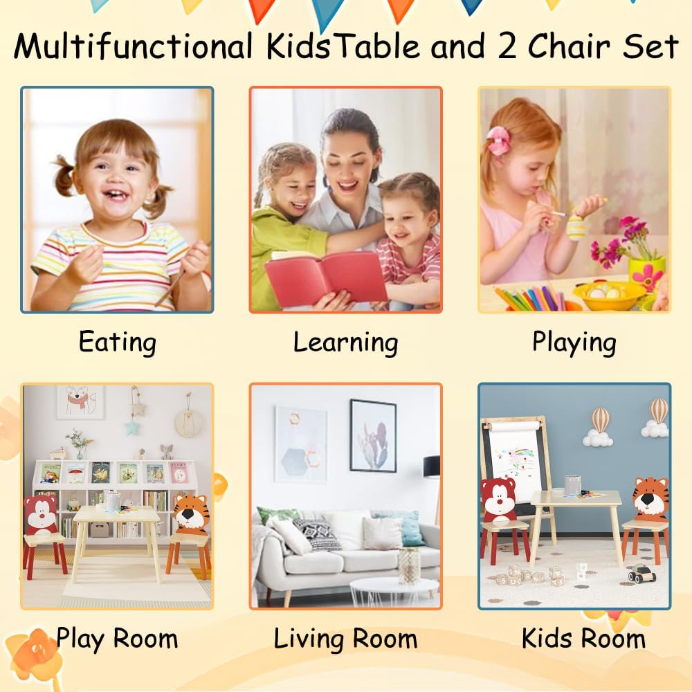 3 Pieces Kids Table and Chairs Set- Wooden Toddler Activity Table and 2 Chair Set with Bear and Tiger Chairs, Play Drawing Table for Daycare Classroom Nursery Home, Natural