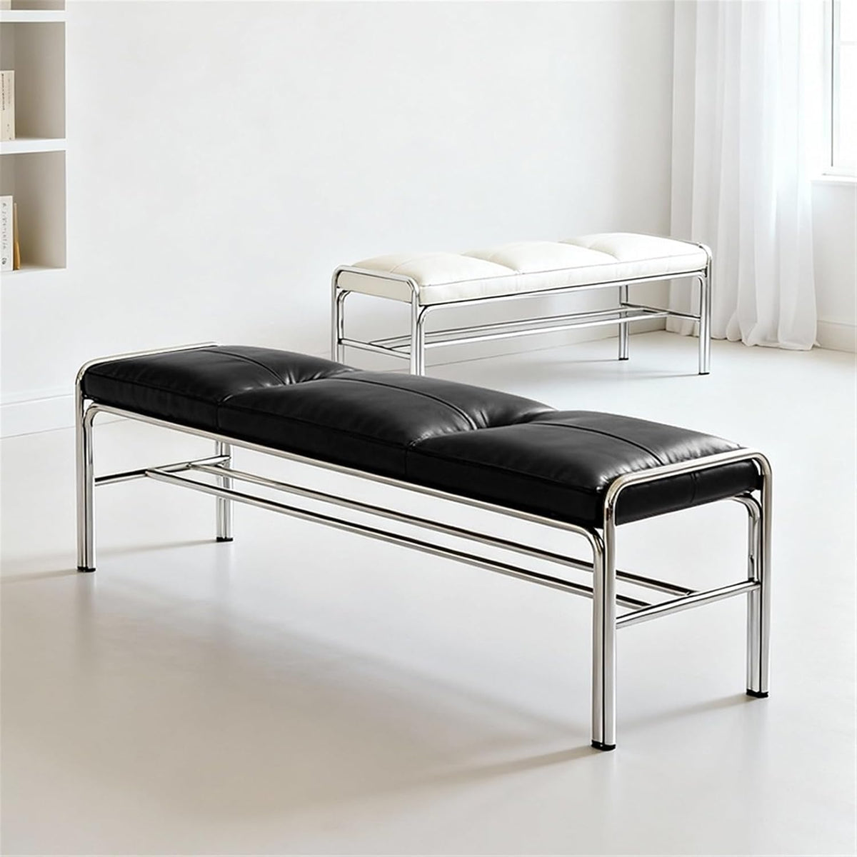 Modern Stainless Steel Long Bench with Leather Cushion Home-use Soft-Pack Shoe Changing Stool Black Entryway(Large)