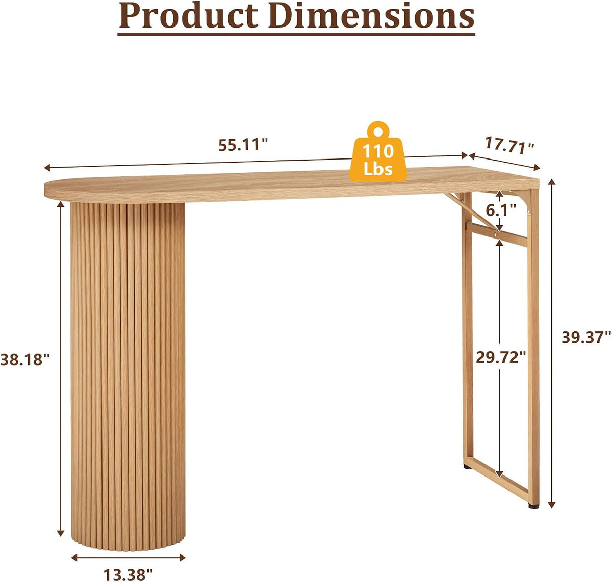 55" Long Bar Table, Fluted Wood Counter Height Pub Table, High Top Kitchen Breakfast Bar Tables with Sturdy Metal Frame, Modern Bar Height Dining Table for Bistro, Dining Room, Living Room
