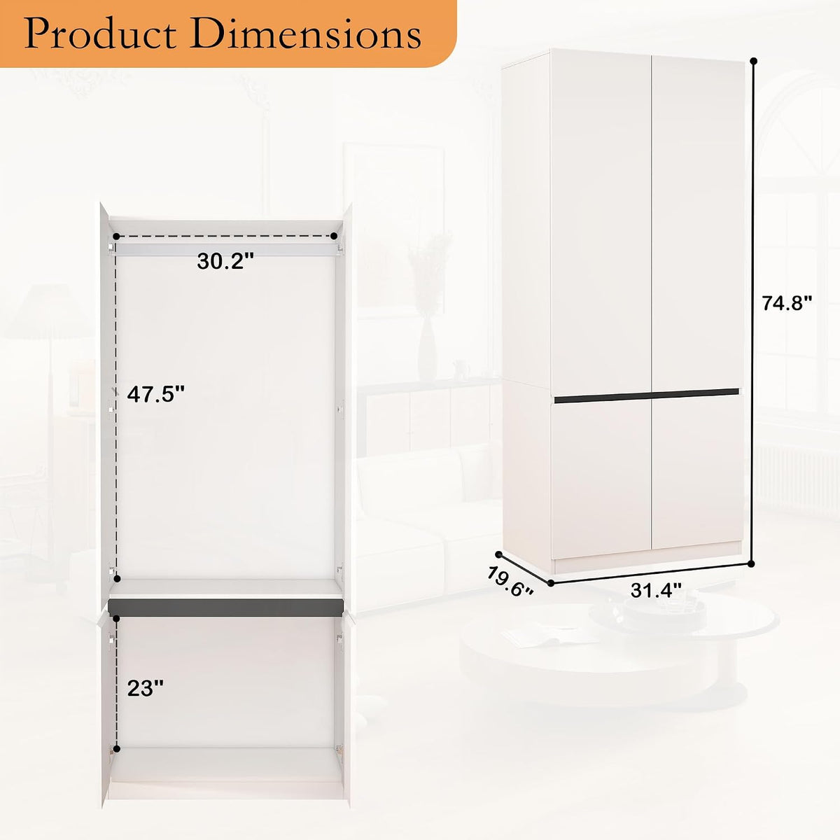 Armoire Wardrobe Closet with Drawers：75" Large White Wardrobe Closet Cabinet with 6 Doors for Hanging Clothes, Modern Wooden Bedroom Armoires with 5 Drawers and Storage (A+B+C, 94.5")