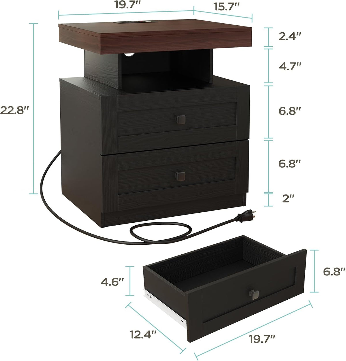 MHOM Farmhouse LED Nightstand Set of 2, Wood Bedroom Side Table with Charging Station, Rustic End Table with Drawers for Bedroom, Antique Black