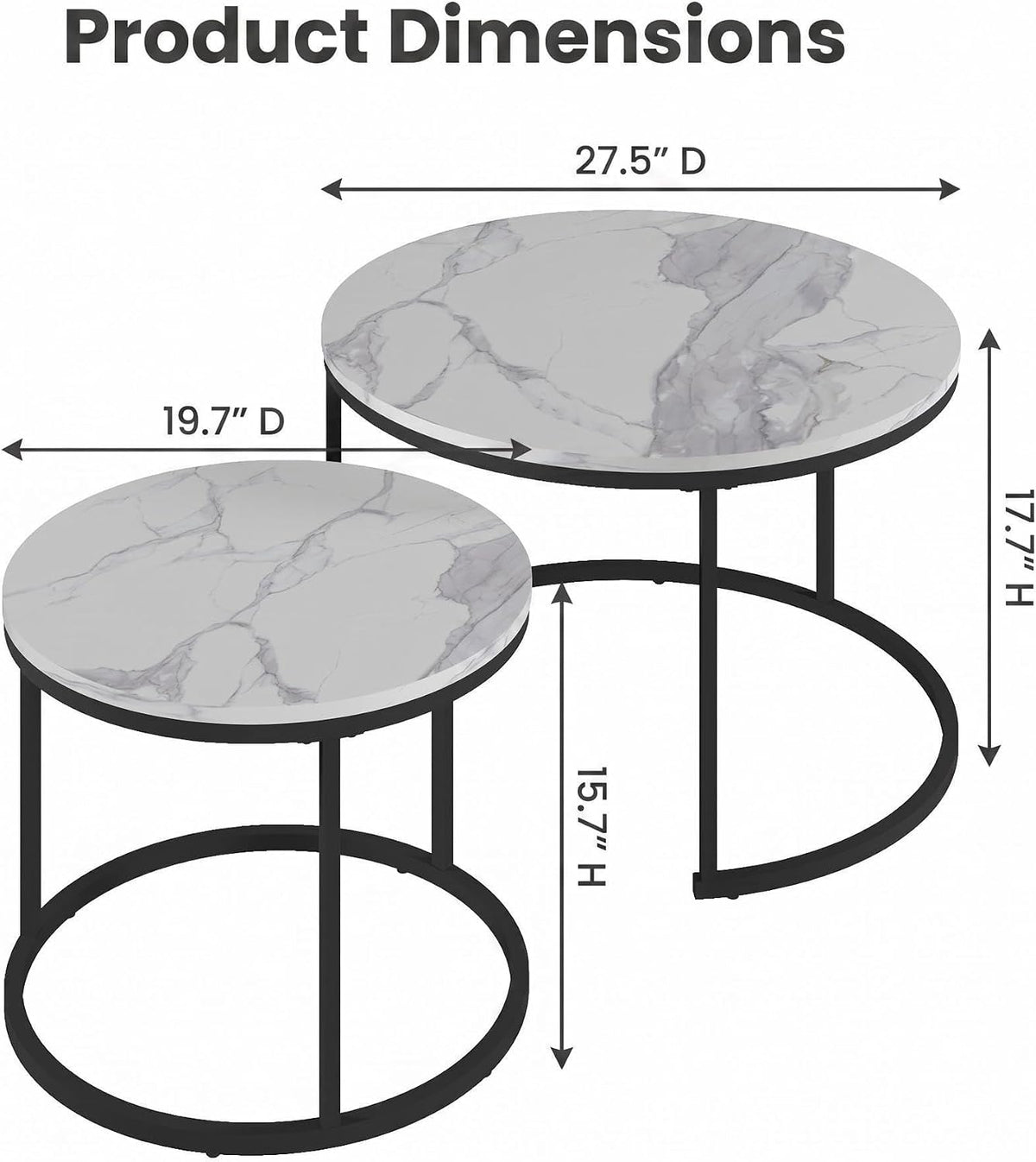 Living Room Side Table, Round Coffee Tables for Living Room, Modern Nesting Drink for Small Spaces, Set of 2 (Marble)