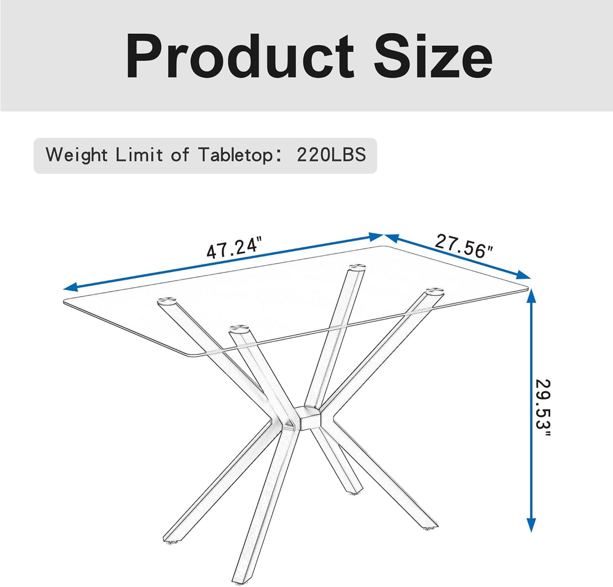 47.24 Inch Rectangular Glass Dining Table Modern Kitchen Glass Top Table for 4 with Black Metal Legs, Clear Dining Table Kitchen Table for Home Office Dining Room