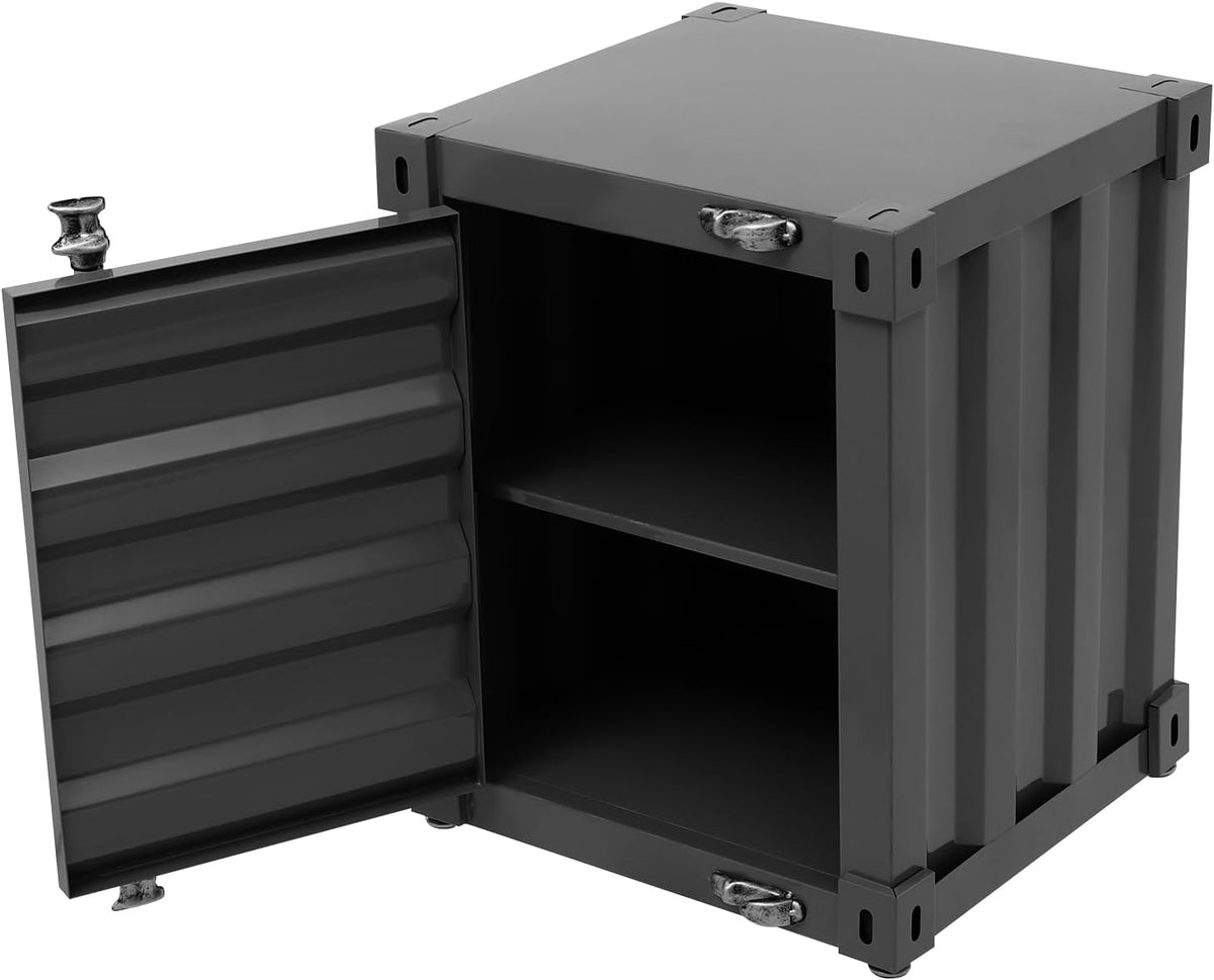 Industrial Iron Container Cabinet with Lock, Metal Side Table for Living Room Bedroom, Locker End Table with Storage Cabinet (Black)