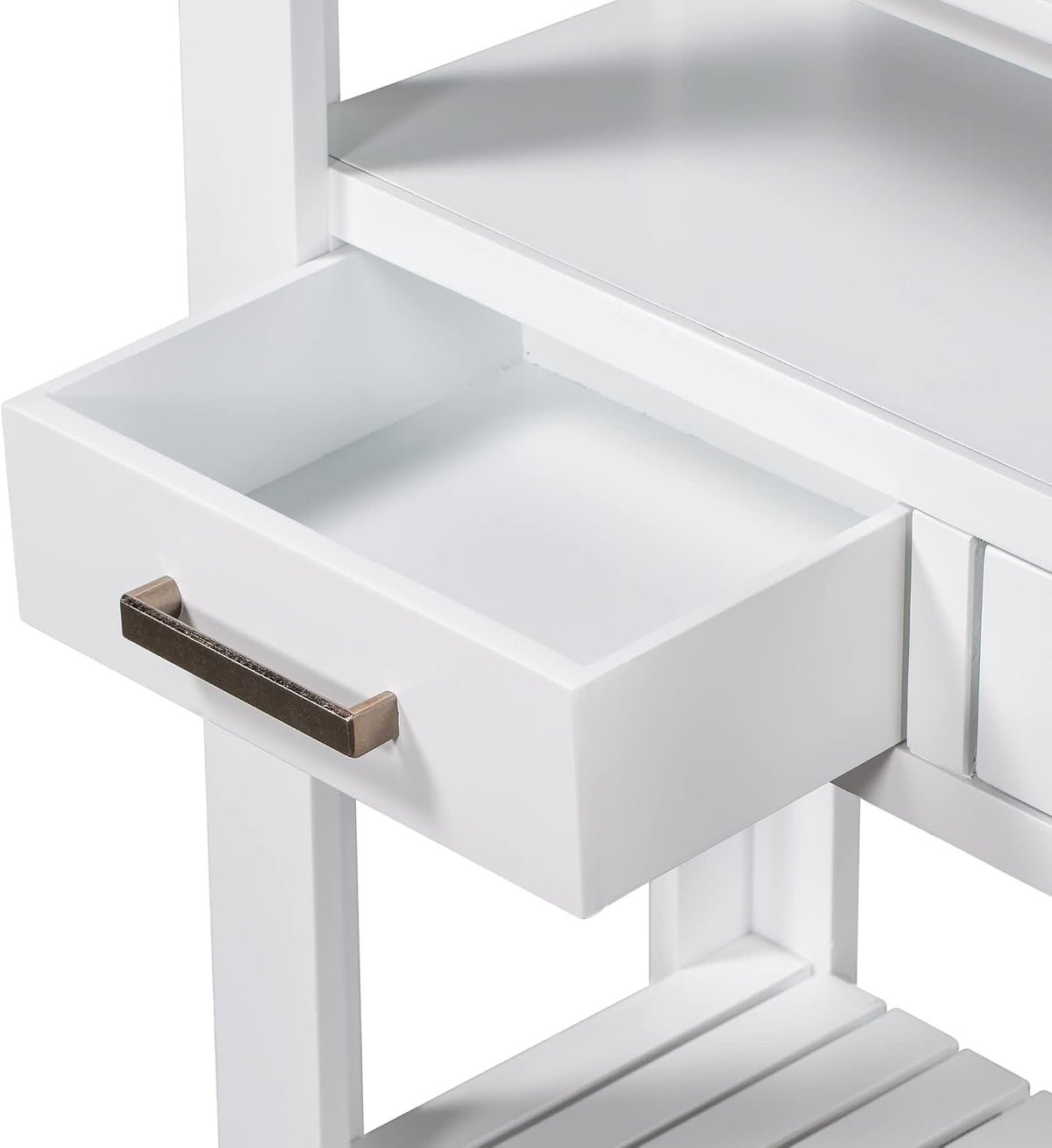 LUMISOL Console Table with 4 Drawers and 3-Tier Open Shelves, Wood Sofa Table Behind Couch with Metal Handles, Entryway Table for Living Room Foyer and Kitchen, White