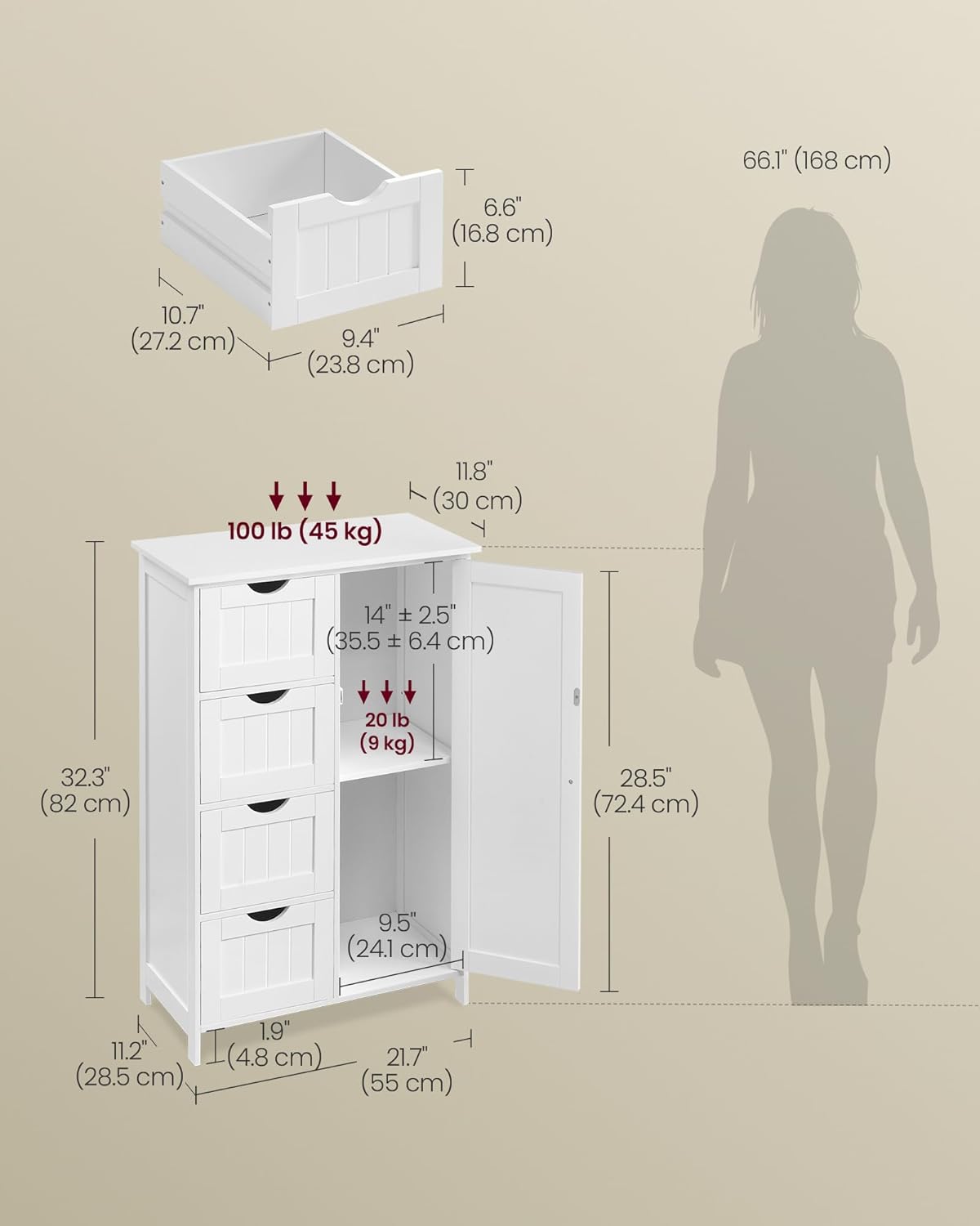 VASAGLE Storage Cabinet with Drawers, Freestanding Floor Cabinet with Door, 11.8 x 21.7 x 32.3 Inches, Adjustable Shelf, for Bathroom, Living Room, Kitchen, Cloud White ULHC041WH01S