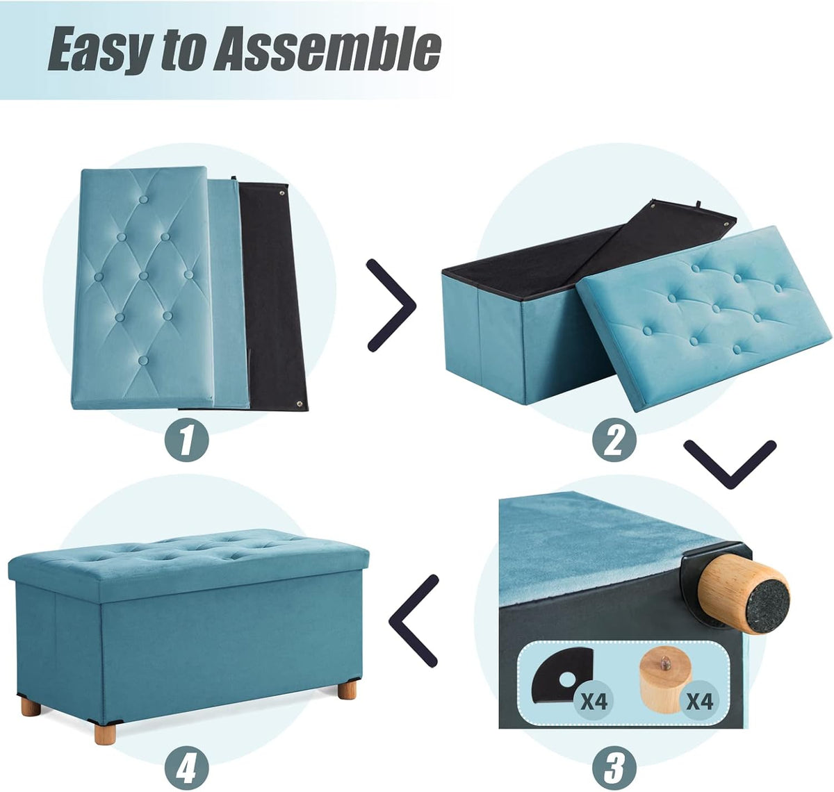 BRIAN & DANY 30 Inches Folding Storage Ottoman Bench, Ottoman with Storage for Living Room, with Wooden Feet and Lid, Teal