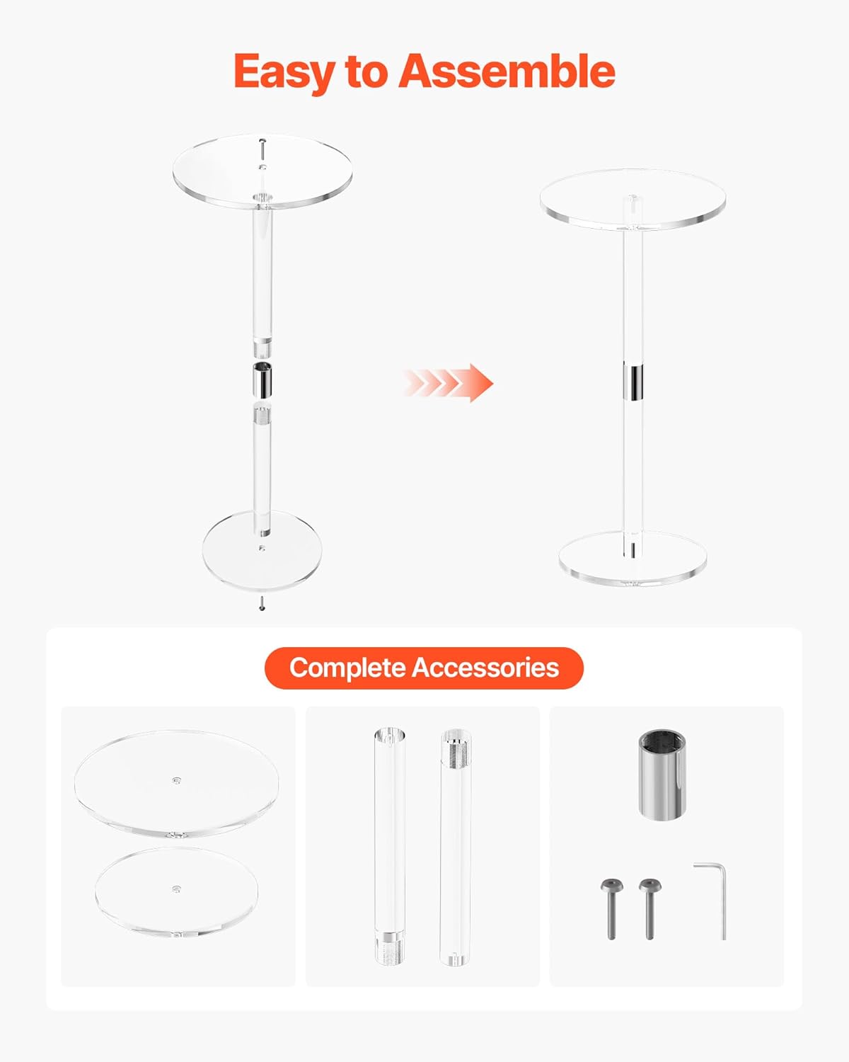 VEVOR Acrylic Drink Table, Small Round Side Table with Solid Post, Modern Clear End Table Transparent Cake Desk for Coffee, Cocktail, Dessert, Snack, Living Room, Bedroom, Bathroom, Easy Assembly