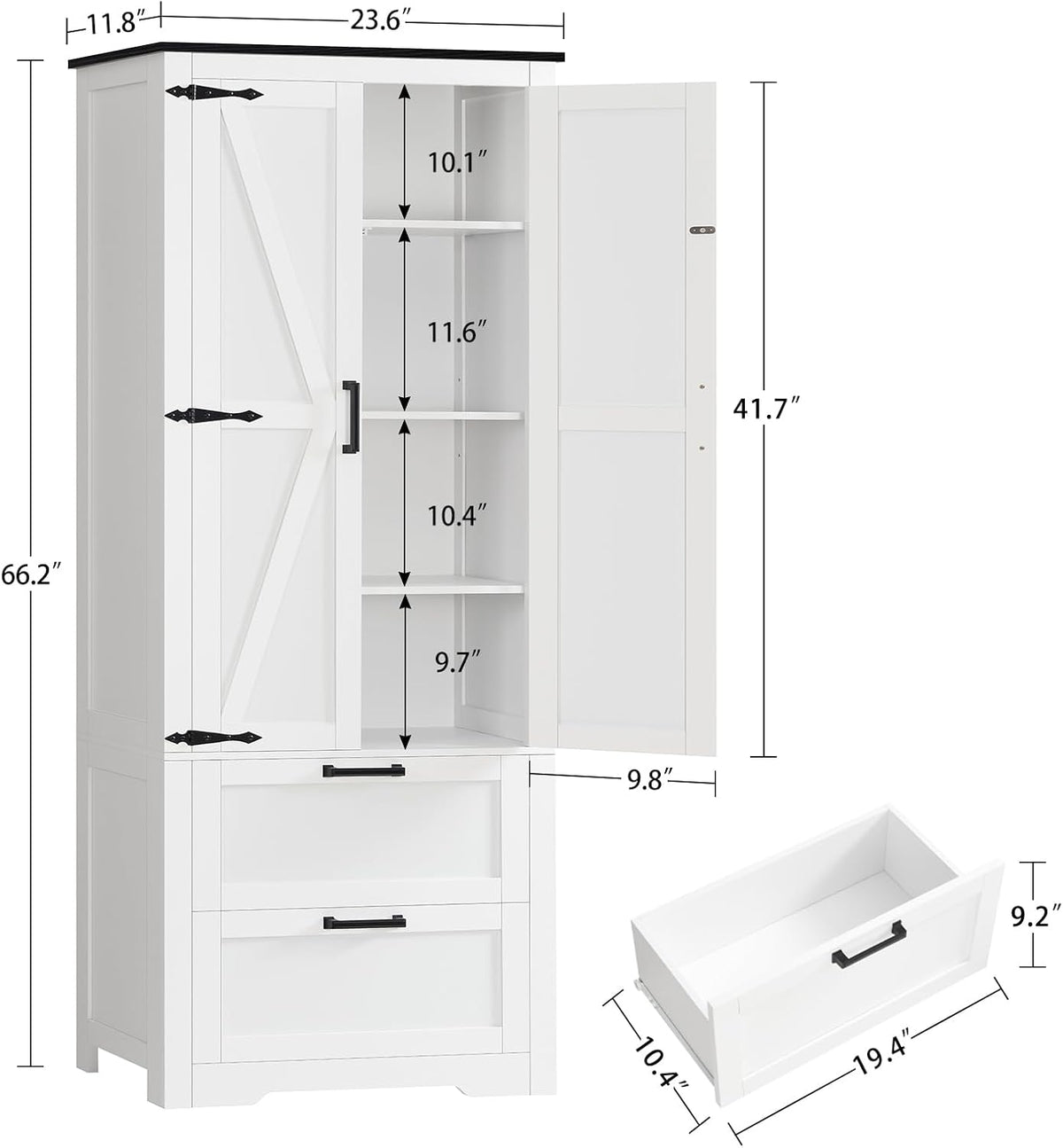 TEENFON 66.1" H Storage Cabinet with 2 Drawers, Farmhouse Kitchen Pantry Cabinet with 2 Doors & Adjustable Shelf, Bathroom Cabinet, for Living Room, Kitchen, Bathroom, White