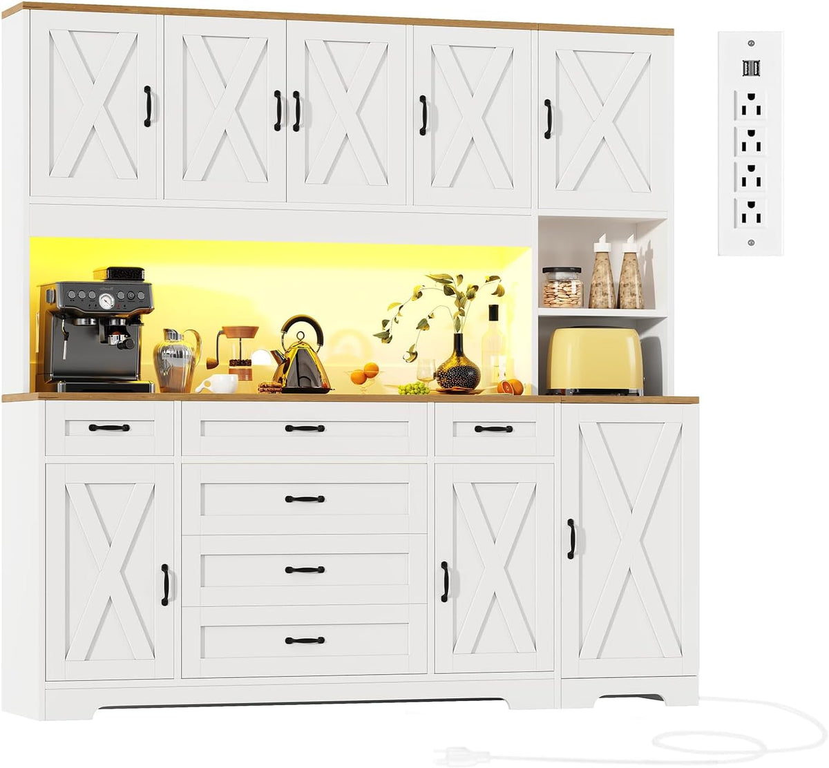 71" Farmhouse Pantry Cabinet with LED Lighting and Charging Station, Tall Storage Cabinet with 8 Doors, 6 Drawers & Adjustable Shelves, Coffee Bar Pantry for Kitchen Dining Room, White