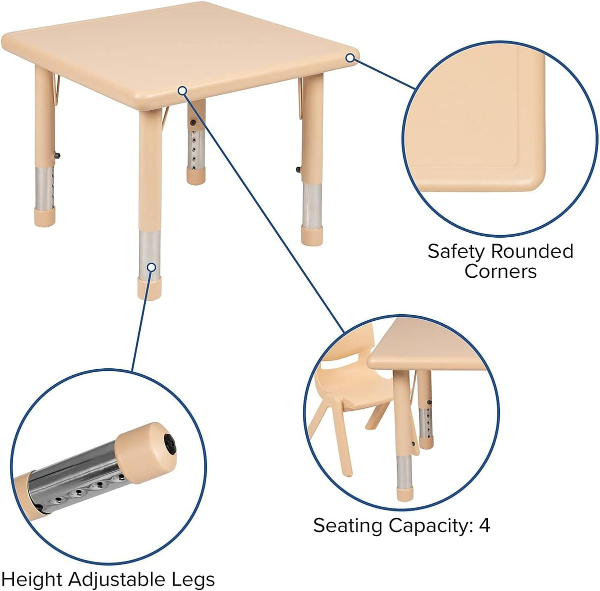 Flash Furniture 24" Square Natural Plastic Height Adjustable Activity Table Set with 2 Chairs