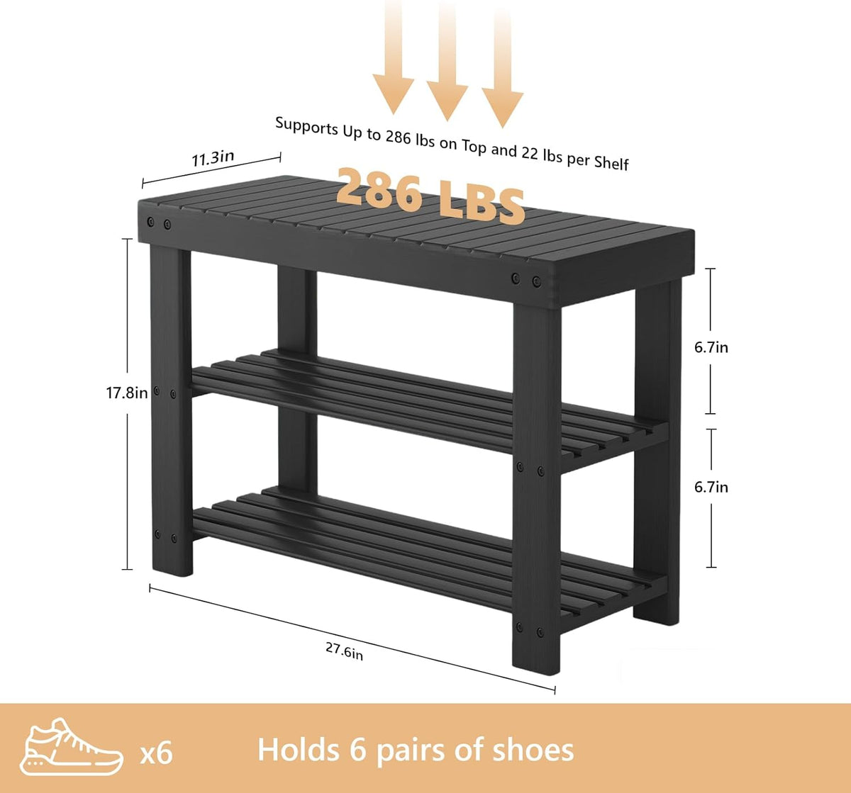 Sweetcrispy Shoe Rack Bench, 3-Tier Bamboo Entryway Storage Organizer, 286lb Capacity, Shoes Stand for Front Door Entrance, Bedroom, Living Room, Bathroom, Balcony, 11.3 x 27.6 x 17.8 Inches, Black