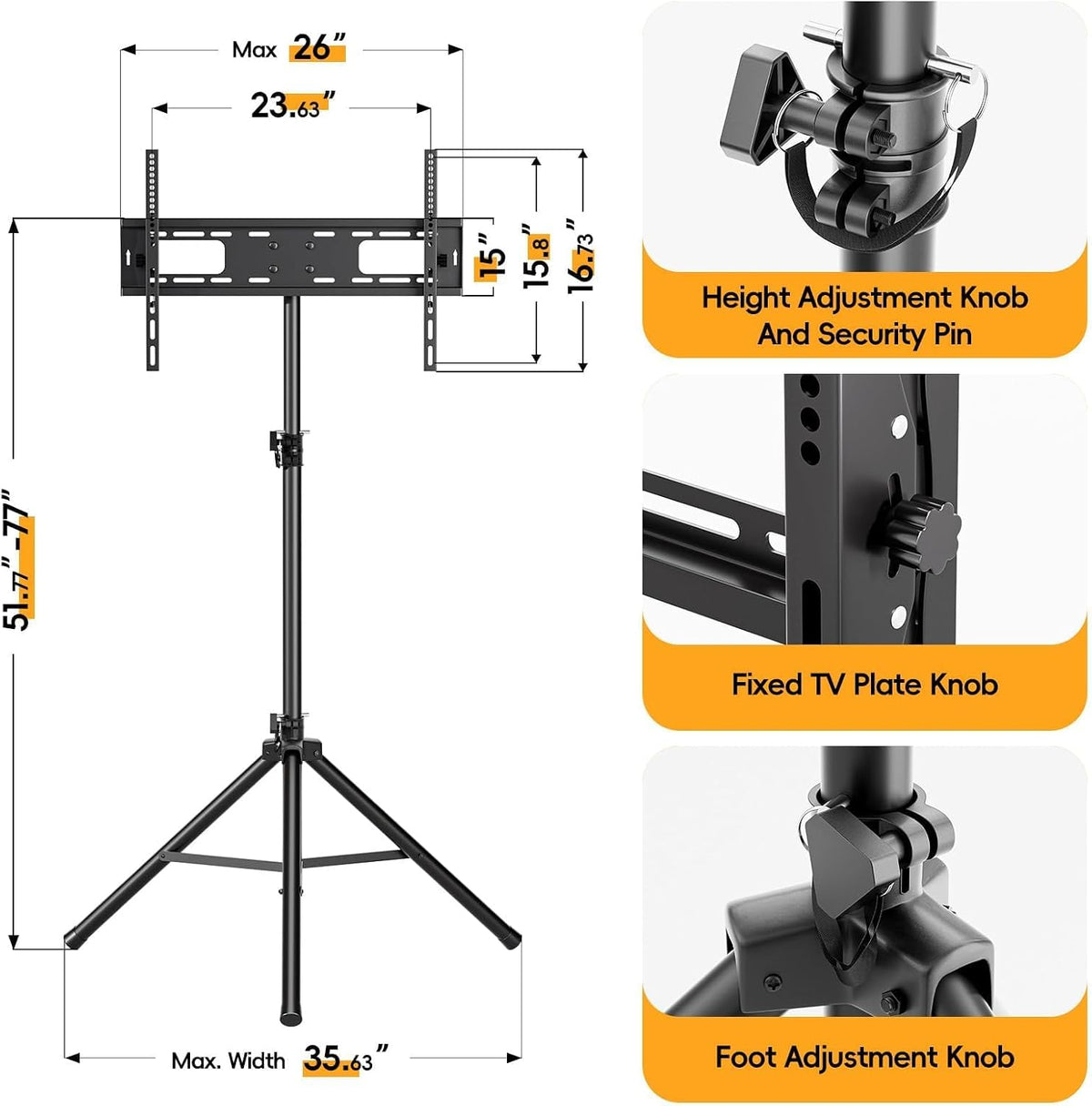 Tripod TV Stand for 25-70" TVs, Adjustable & Foldable, Black | ±15° Tilt, 5 Pillar Height, Maxi Load 110 lbs, Dual Safety Pins, Portable for Outdoors, Bedroom, Living Room