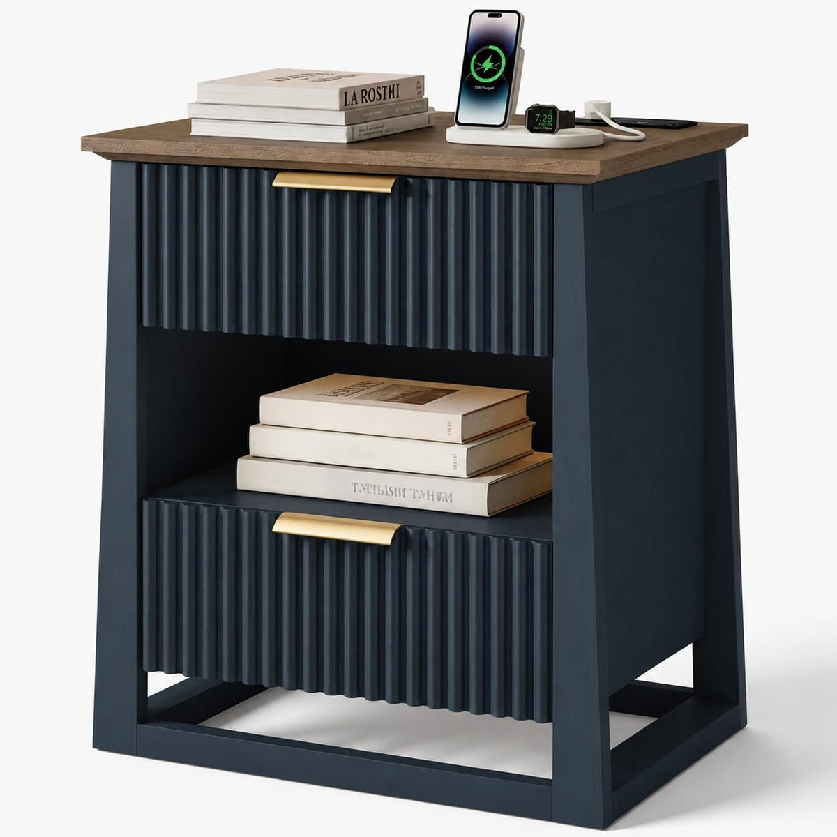 HIFYOBRO Fluted End Table with Charging Station and Motion Sensor Light, Modern Blue Side Table with 2 Drawers and Storage Shelf for Living Room, Bedroom, Guest Room