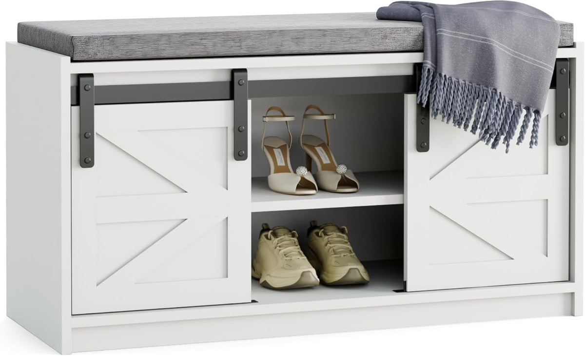 Mondeer Shoe Storage Bench, 2-Tier Farmhouse Entryway Bench with Sliding Barn Door Storage Cabinets & Removable Seat Cushion, for Entryway Hallway Bedroom, 90 x 45 x 35 cm, White