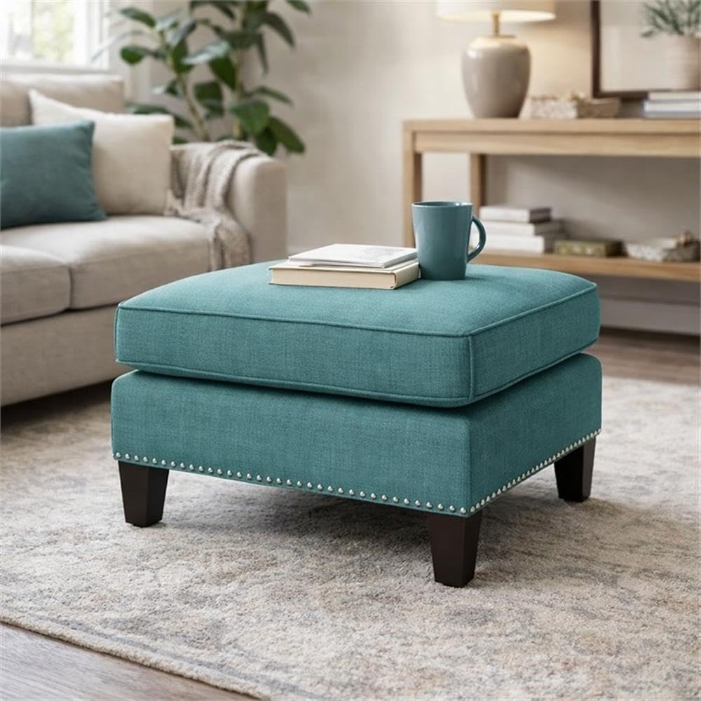 BOWERY HILL Solid Wood Frame Ottoman, Teal Fabric Upholstery, Nail Head Trim, 18" H x 26" W x 21" D, Compact Design, Lightweight, Modern Living Room Accent Piece, Supports Up to 500 lbs