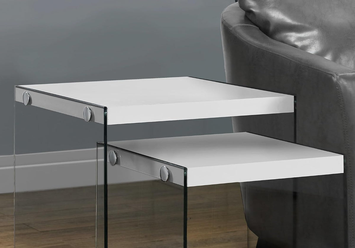 Set of 2 Nesting Tables, Glossy White Laminate with Clear Tempered | Two-piece nesting tables with thick tempered glass base and glossy white tops