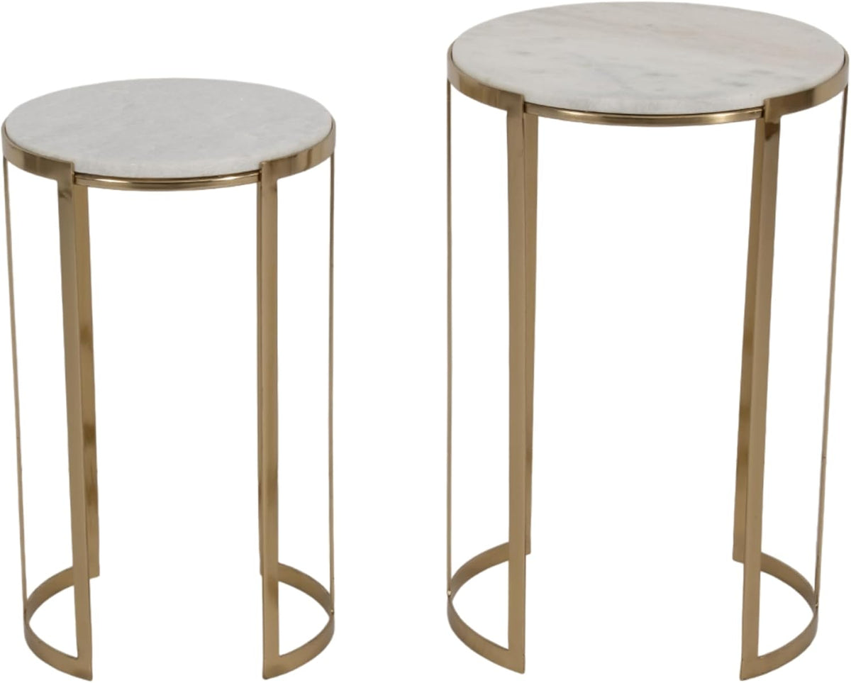 Elegant End Table, Side Table, or Night Stand for Room Decor - Round Metal Accent Table with Marble Top for Small Spaces - Perfect for Home, Bedroom, or Living Room Set of 2 - 22", 20" White & Gold