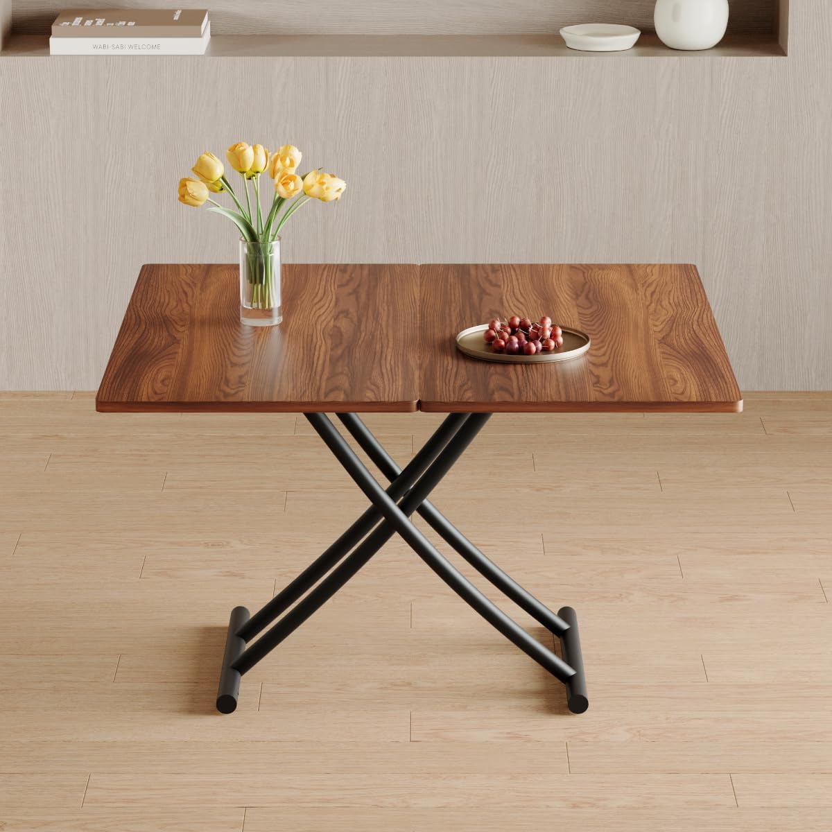 Liftable Folding Dining Table for 4, Adjustable Drop Leaf Table, Multi Functional Coffee Table for Small Spaces, Scratch-Resistant Wood Top with Metal Frame for Apartment Kitchen Living Room