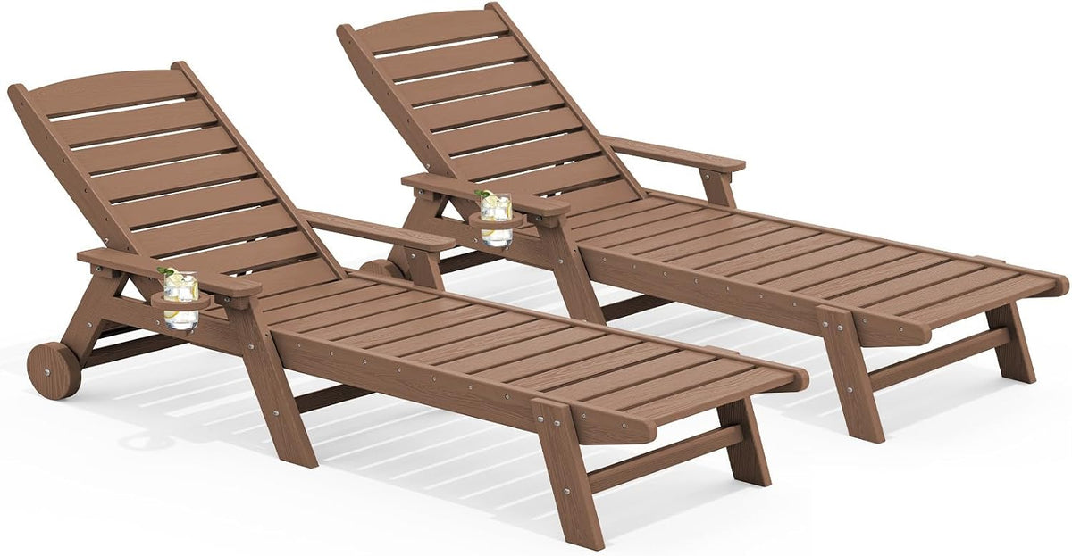 SERWALL HDPE Outdoor Lounge Chair Set of 2 with Cup Holder, Brown | with 5 Position Adjustable Backrest & Rolling Wheels