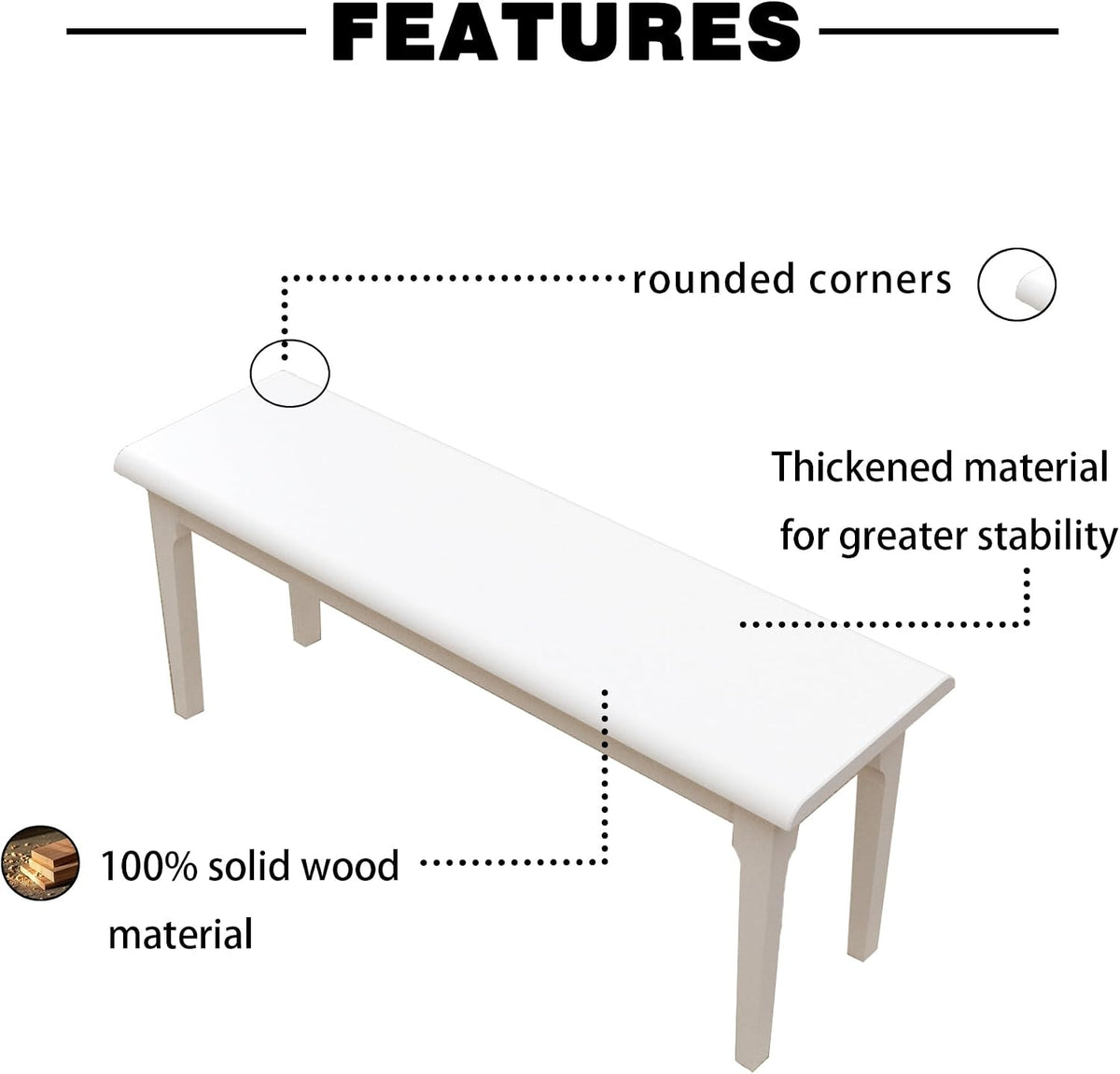 Wilk Wooden Entryway Bench, 47’’ Indoor End of Bed Bench, 100% Solid Oak Wood (White)