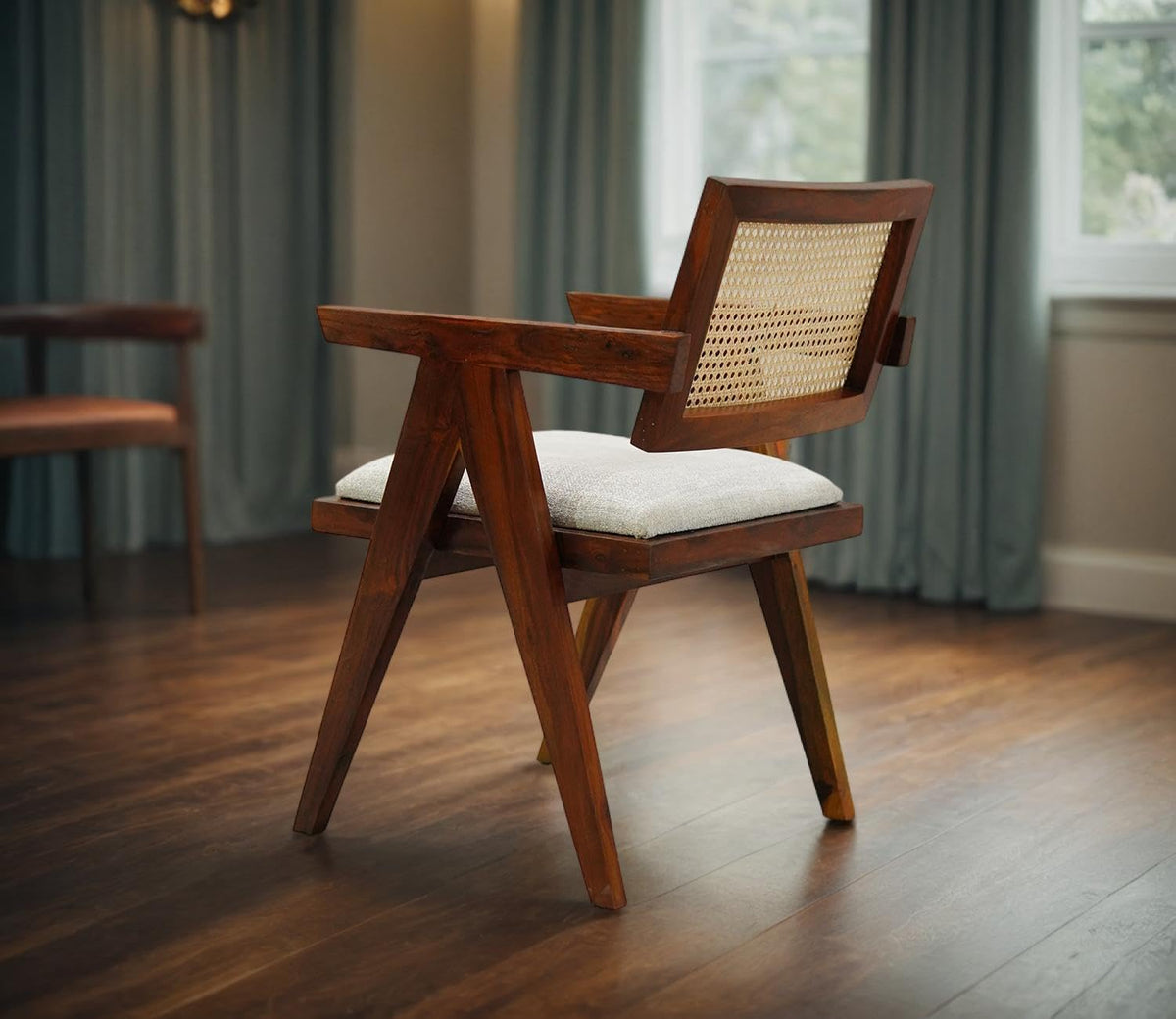 Solid Sheesham Wood Arm Chair with Cushion and Cane Back Support Chair Living Room Bedroom Home Wooden Armchair Furniture Garden Balcony Outdoor & Indoor (Honey Brown)
