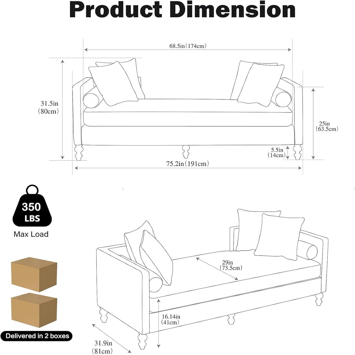 Chifee & Vingol 75.2" W Retro Oversized Chaise Lounge Chair Indoor with Left & Right Armrest,6 Pillows,Solid Wood Legs,Brown