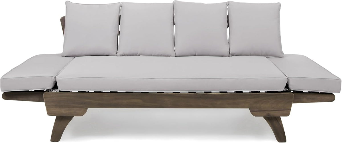 Christopher Knight Home Gary Patio Convertible Couch, Wooden Outdoor Daybed, 3-Seater Acacia Wood Patio Furniture Lounge Sofa for Backyard/Poolside/Garden, Back Pillow+Removable Cushion, Grey