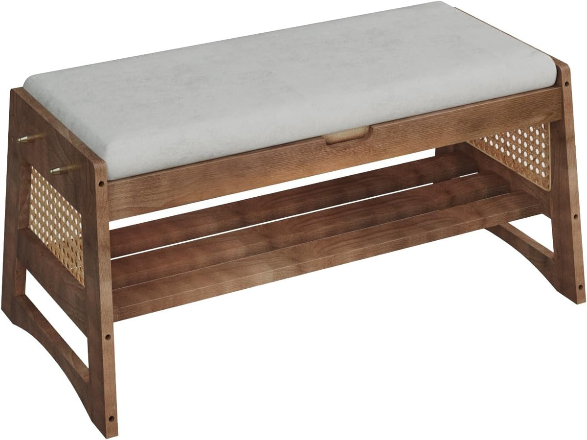 Shoe Rack Bench with Flip-Top Storage, 35.4" W x 15.7" H Solid Wood Entryway Bench Shoe Organizer with Cushion Side Hooks for Front Door Entrance Hallway Foyer Closet Living Room Bedroom