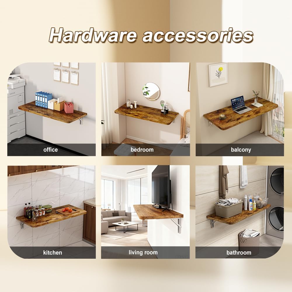 Rustic Wall Mounted Folding Table, Solid Wood Floating Desk with Stainless Steel Brackets, Space Saving Shelf for Home Office, Kitchen, Dining, Laundry Room (60X40cm / 23.63"X15.75")
