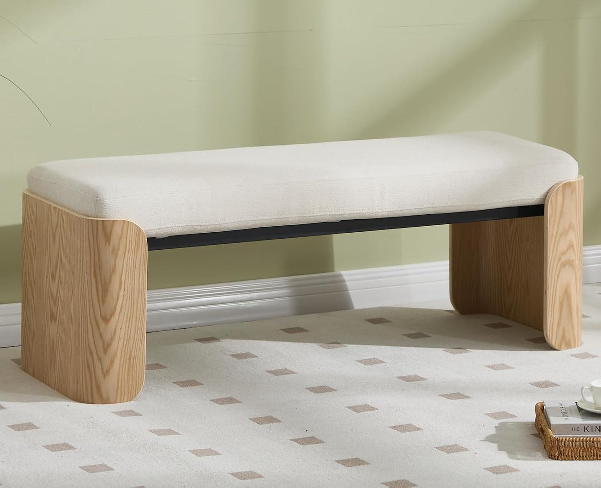 Shunzhi Modern Upholstered Entryway Bench for Bedroom 49” End of Bed Bench with Natural Wood Leg Window Ottoman Bench for Living Room/Bedroom/Hallway/Indoor, White Chenille