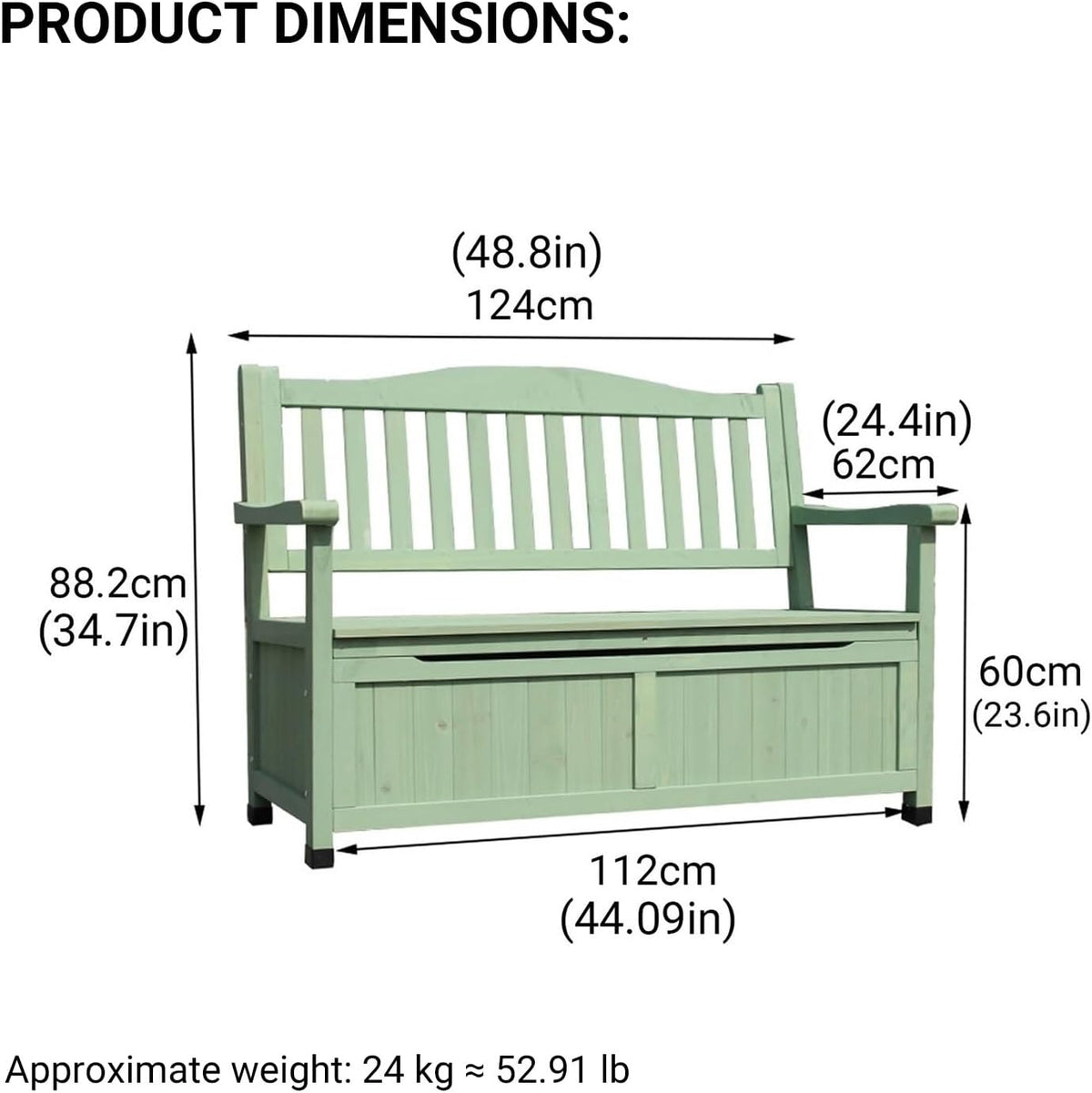 48in Wooden Outdoor Storage Bench, 2-Seater Patio Garden Bench with Backrest & Armrests, Weather-Resistant Deck Box for Porch, Yard & Pool(Green)