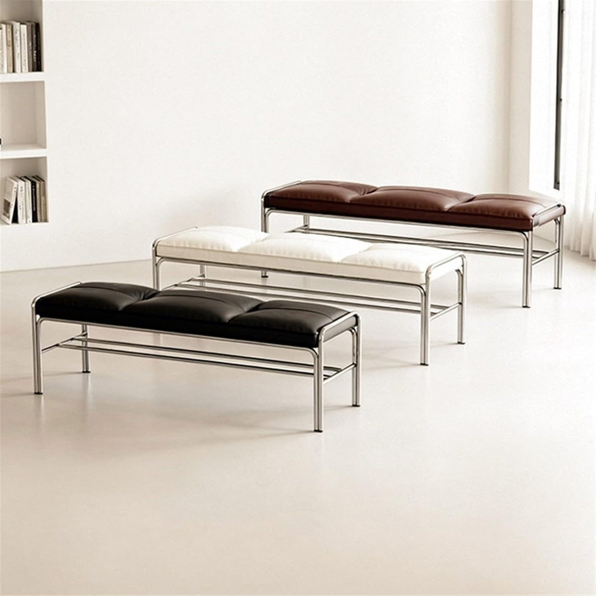 Modern Stainless Steel Long Bench with White Leather Cushion Home-use Soft-Padded Shoe Changing Stool Entryway(Large)