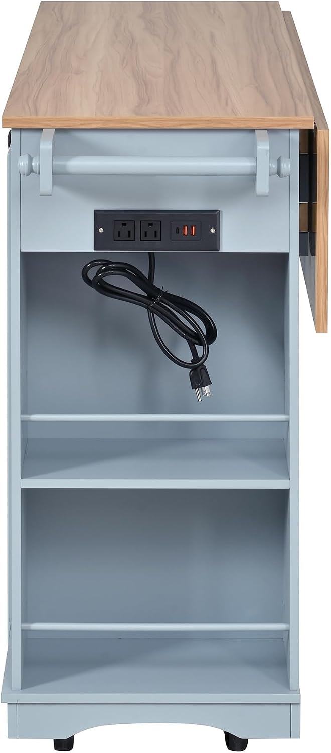 Rolling Kitchen Island Cart with Wood Countertop, Mobile Kitchen Storage Cart with Drawers, Glass Door Cabinet & Side Spice Rack for Small Kitchen
