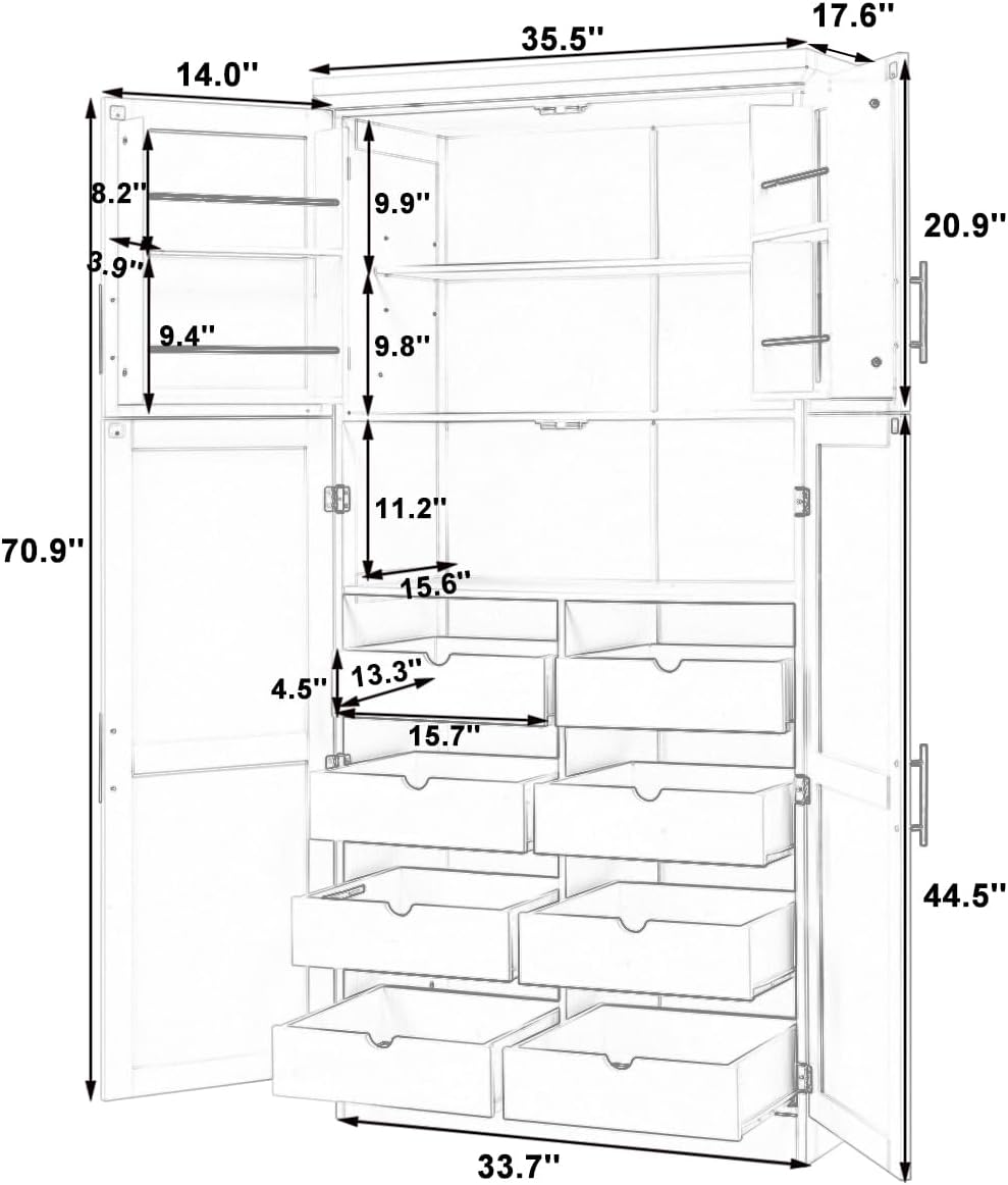 Polibi Freestanding Pantry Cabinet 35.5"x17.6"x70.9", Tall 4-Door Kitchen Storage with 8 Pull-Out Trays, 2 Door Shelves & Adjustable Shelf, for Dining Room (Gray)