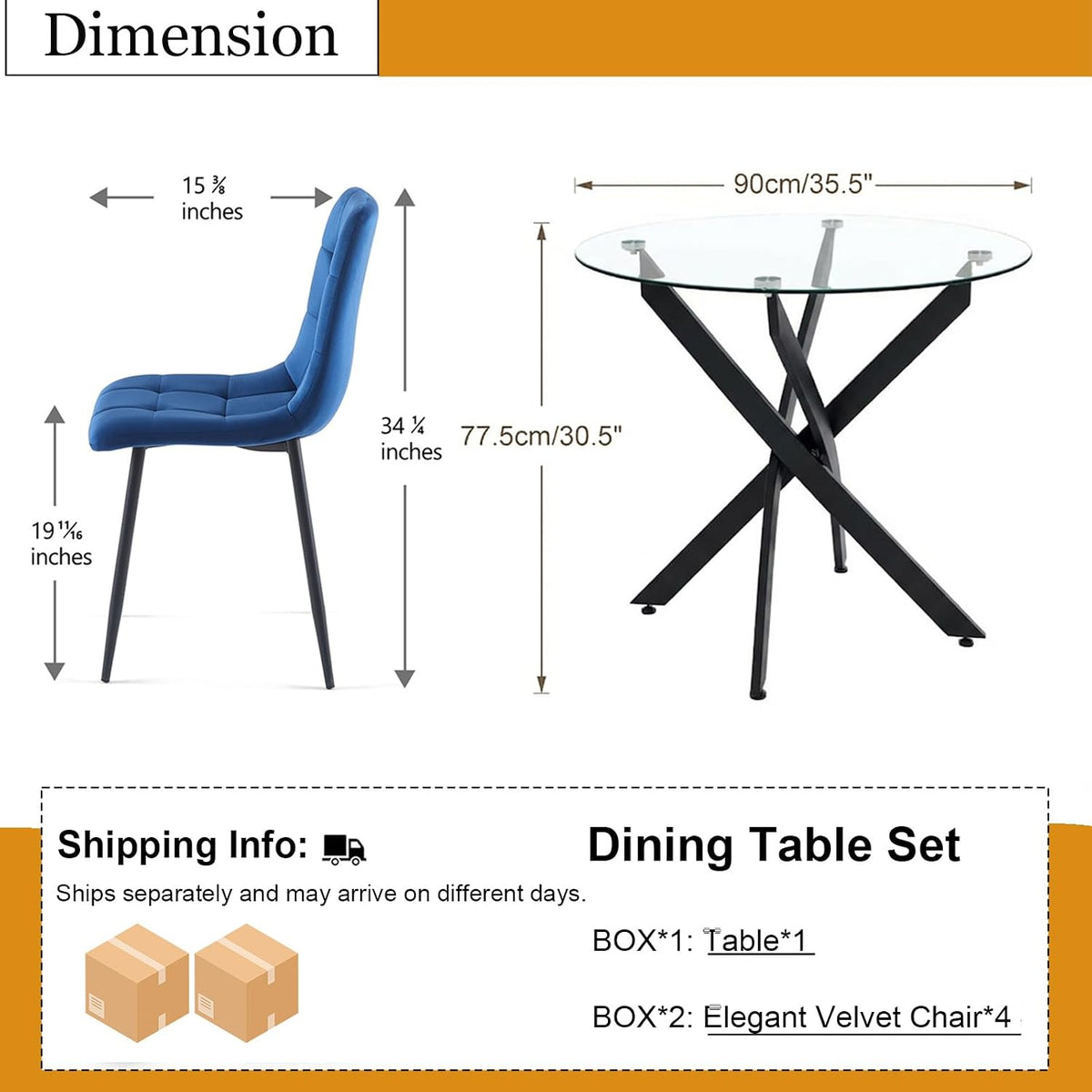 Dining Table Set for 4, Round Glass Kitchen Table with 4 Blue Highback Tufted Velvet Side Chairs, 5-Piece Modern Dining Room Set for Kitchen, Apartment, Small Spaces