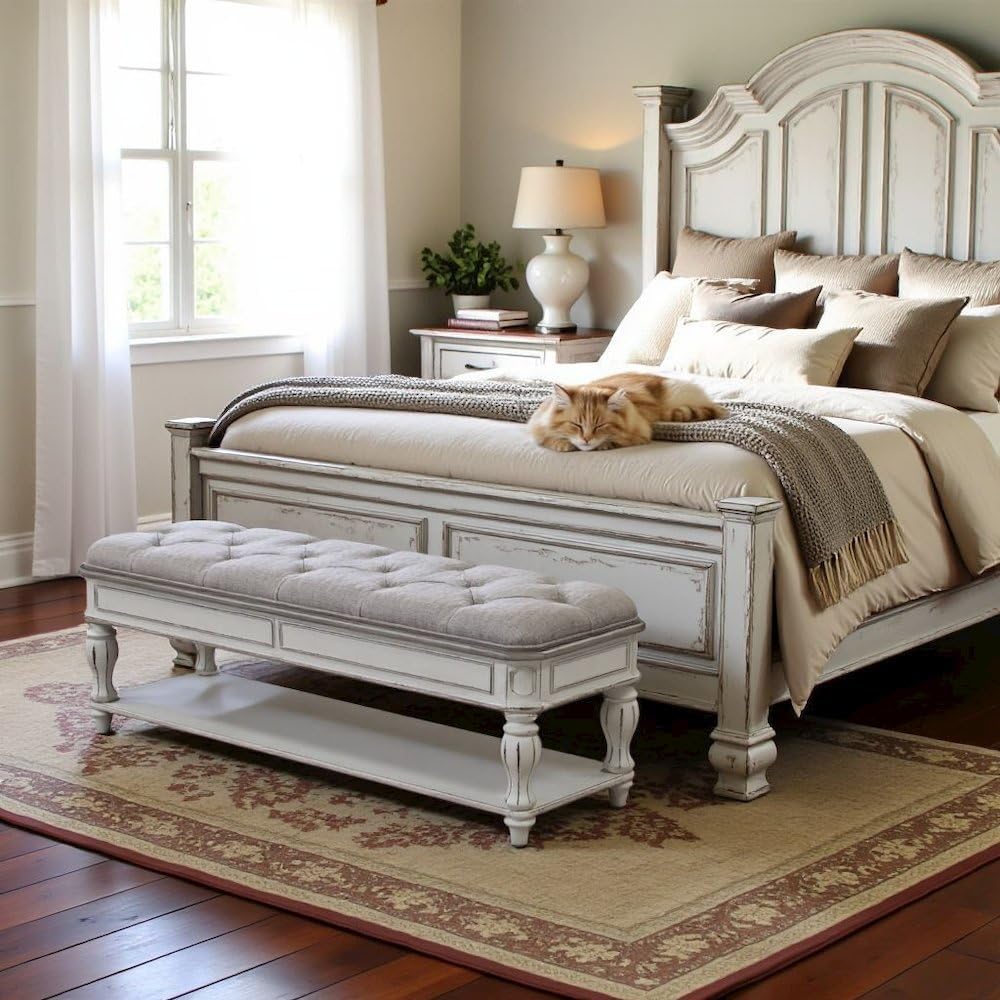 Starlight Canyon Home Antique White Bedroom Bench with Storage Shelf, Upholstered End of Bed Bench with Faceted Legs and Ivory Tweed Seat for Elegant Comfort