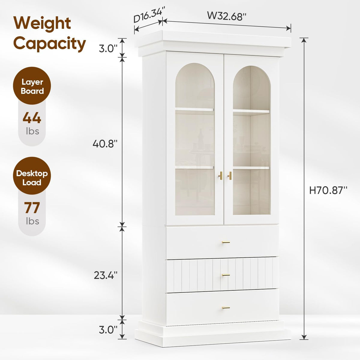 Vyre 71" Arched Kitchen Cabinet, Double Glass Door Display and Storage Cabinets with Drawers, Modern Pantry for Dining Room or Living Room, White with Gold Handles, 2 of Set